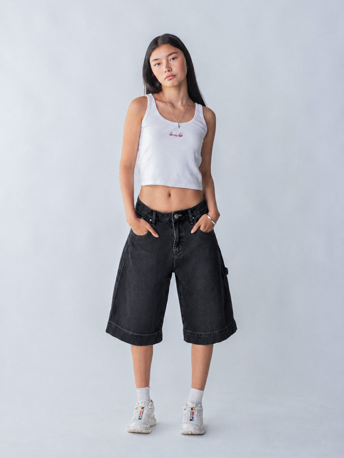 SMILEY STITCH JORTS - WASHED BLACK