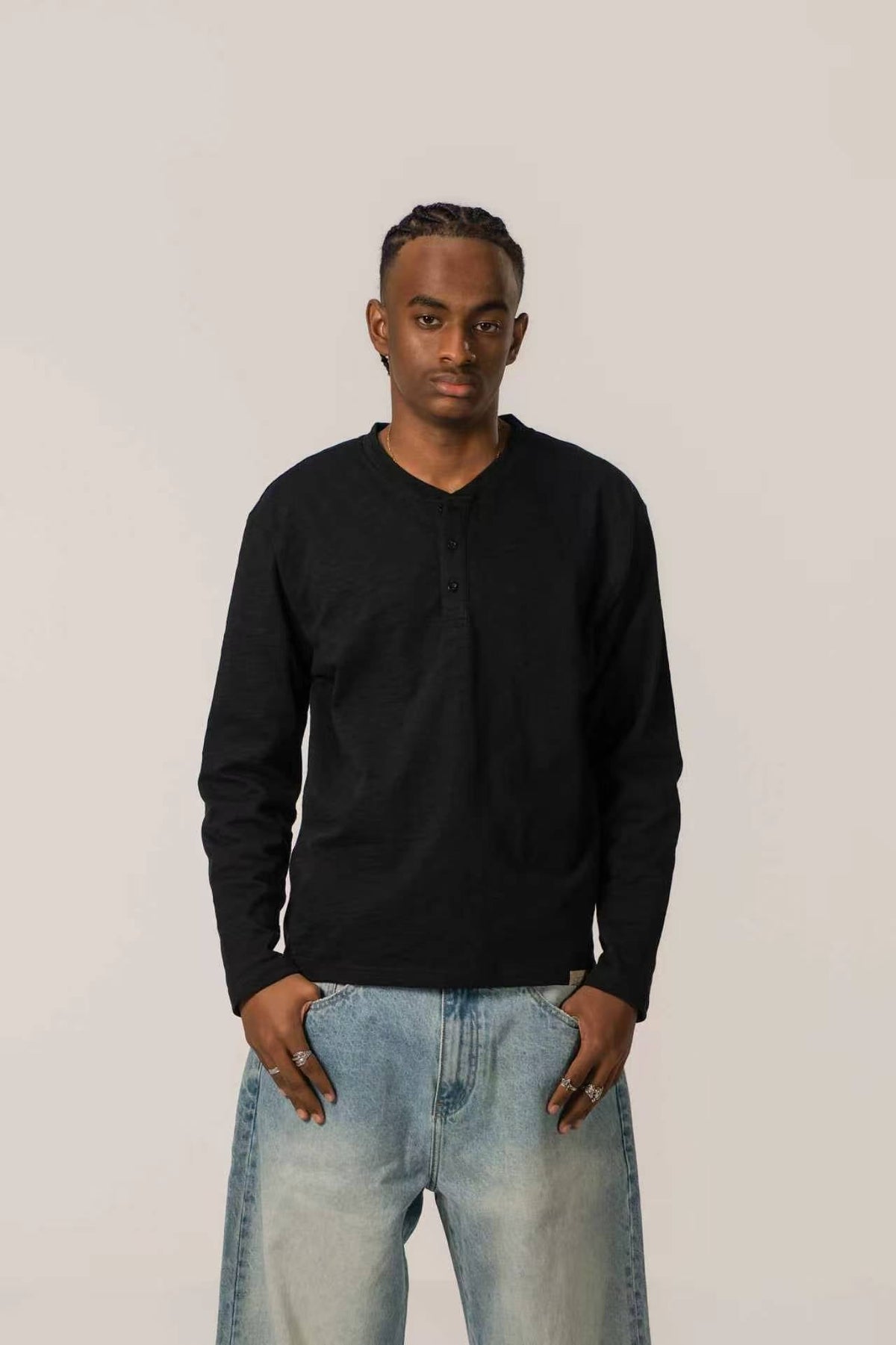 Slub Henley Sweatshirt - Black