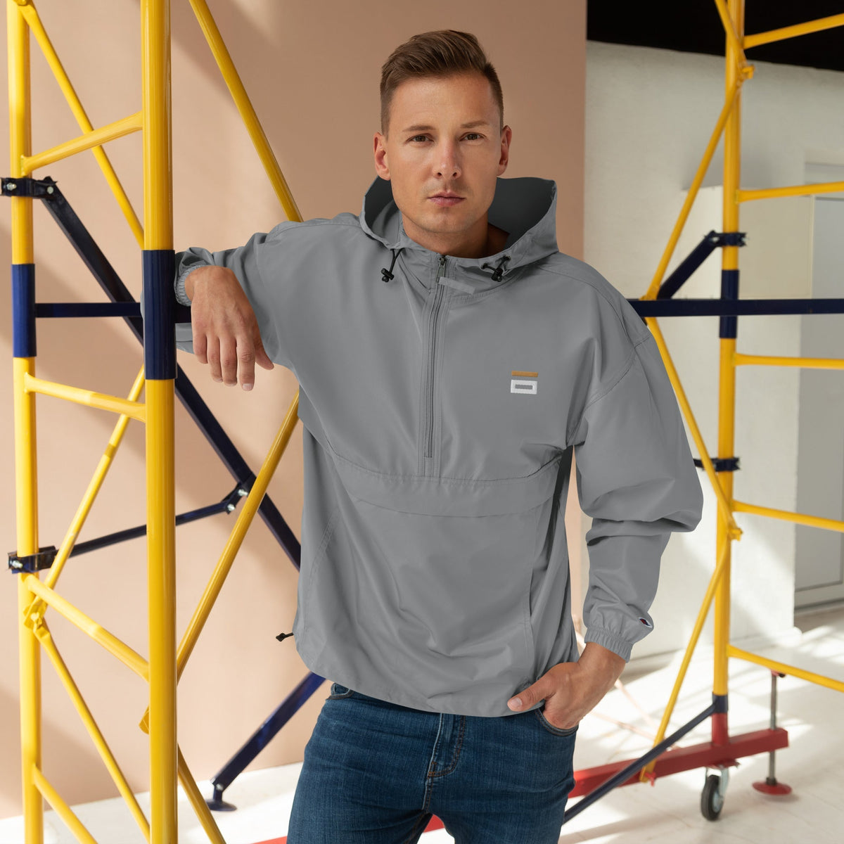 Embroidered Champion Packable Jacket Gray