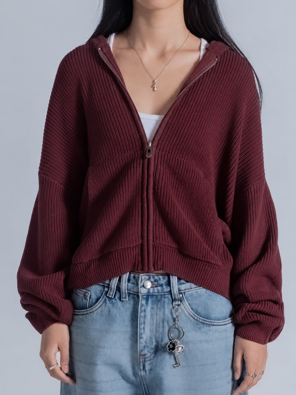 SMILEY KNITTED ZIP - FADED MAROON