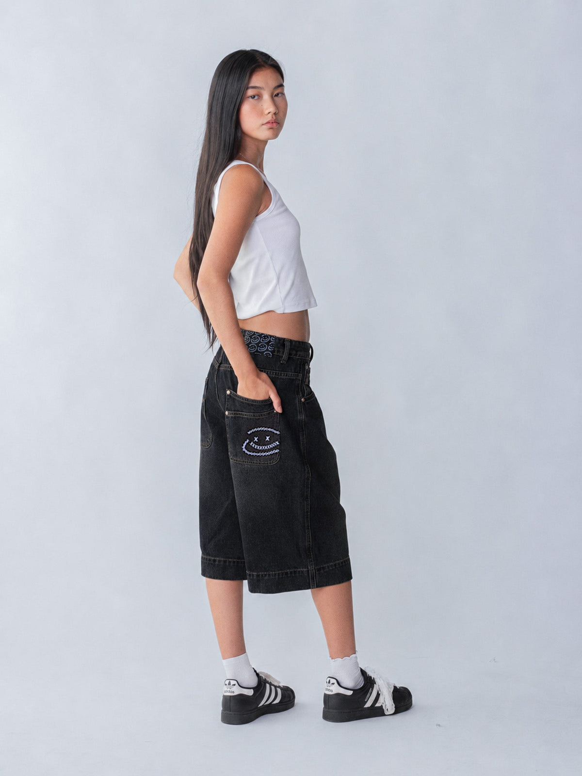 SMILEY STITCH JORTS - WASHED BLACK